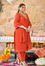 Aafreen Rust Mul Chanderi Mirror Embroidered Kurta Set with Dupatta