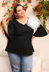 Plus Size Black Statement Flower Top with Flared Sleeves