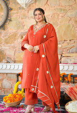 Aafreen Rust Mul Chanderi Mirror Embroidered Kurta Set with Dupatta