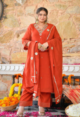 Aafreen Rust Mul Chanderi Mirror Embroidered Kurta Set with Dupatta