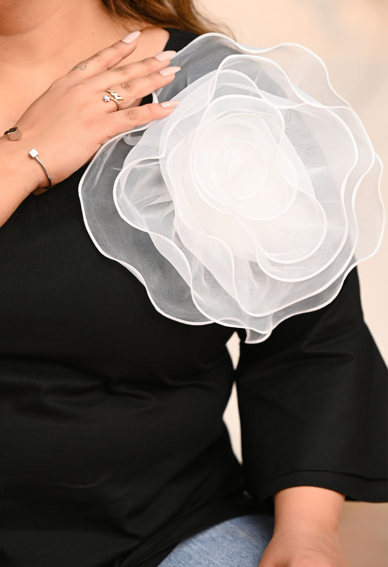 Plus Size Black Statement Flower Top with Flared Sleeves