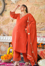 Aafreen Rust Mul Chanderi Mirror Embroidered Kurta Set with Dupatta