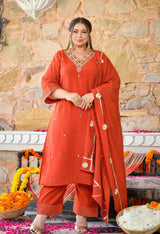Aafreen Rust Mul Chanderi Mirror Embroidered Kurta Set with Dupatta