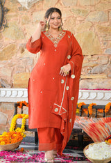 Aafreen Rust Mul Chanderi Mirror Embroidered Kurta Set with Dupatta