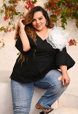 Plus Size Black Statement Flower Top with Flared Sleeves