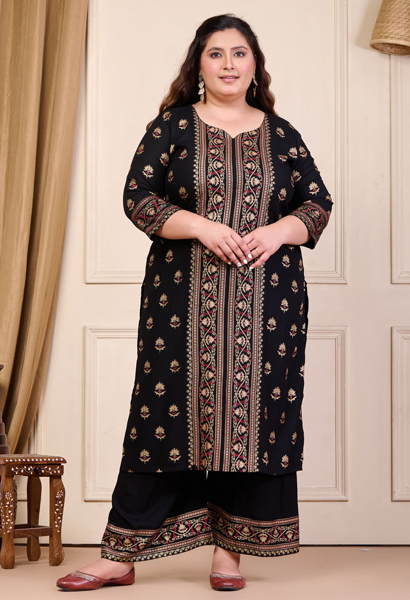 Plus Size Gold Printed Shervani Black Kurta Palazzo Set