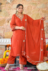 Aafreen Rust Mul Chanderi Mirror Embroidered Kurta Set with Dupatta