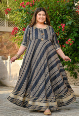 Regal Navy Blue Gold Printed Flared Rayon Anarkali Set