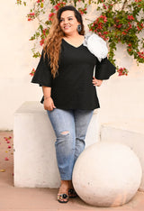 Plus Size Black Statement Flower Top with Flared Sleeves