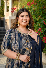 Regal Navy Blue Gold Printed Flared Rayon Anarkali Set