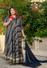 Regal Navy Blue Gold Printed Flared Rayon Anarkali Set