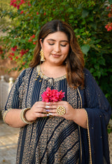 Regal Navy Blue Gold Printed Flared Rayon Anarkali Set