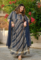 Regal Navy Blue Gold Printed Flared Rayon Anarkali Set