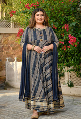 Regal Navy Blue Gold Printed Flared Rayon Anarkali Set
