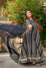 Regal Navy Blue Gold Printed Flared Rayon Anarkali Set