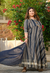 Regal Navy Blue Gold Printed Flared Rayon Anarkali Set