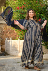 Regal Navy Blue Gold Printed Flared Rayon Anarkali Set