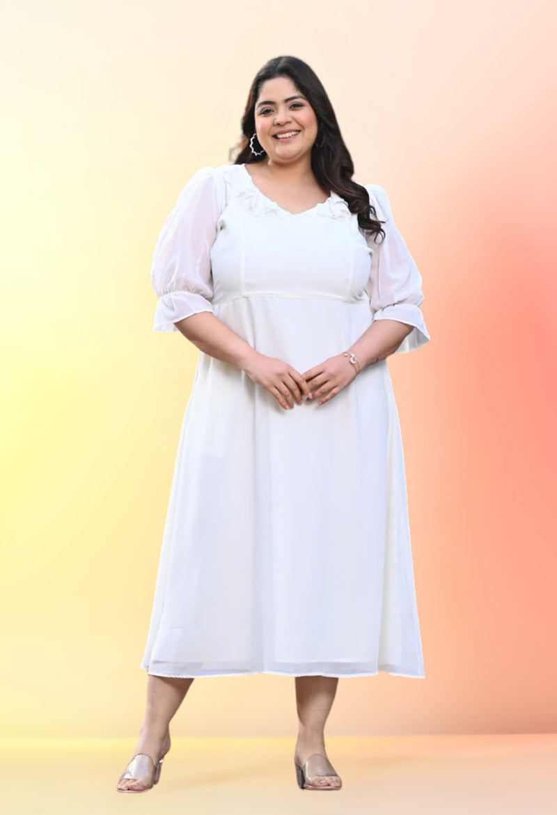 Plus Size Soothing White Frill Georgette Maxi Dress