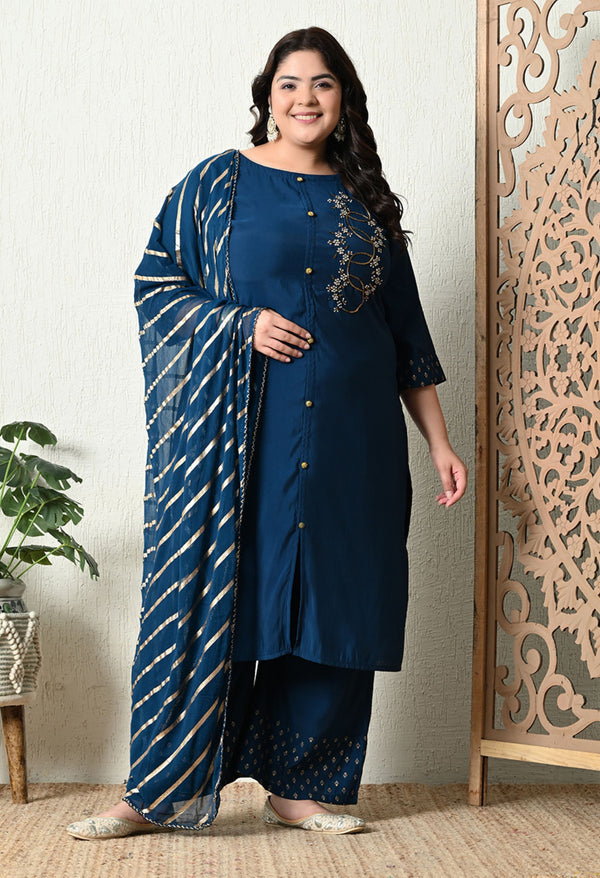 Plus Size Embellished Teal Blue Ring Kurta Set with Dupatta