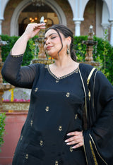 Zariya Black Mul Chanderi Embroidered 3-Piece Kurta Set with Dupatta