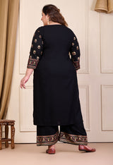 Plus Size Gold Printed Shervani Black Kurta Palazzo Set