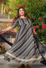Regal Navy Blue Gold Printed Flared Rayon Anarkali Set