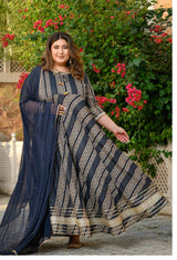 Regal Navy Blue Gold Printed Flared Rayon Anarkali Set