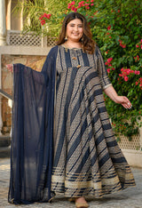 Regal Navy Blue Gold Printed Flared Rayon Anarkali Set