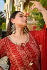 Regal Maroon Gold Printed Flared Rayon Anarkali Set