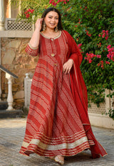 Regal Maroon Gold Printed Flared Rayon Anarkali Set