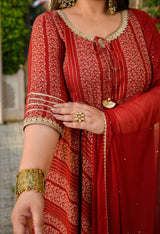 Regal Maroon Gold Printed Flared Rayon Anarkali Set