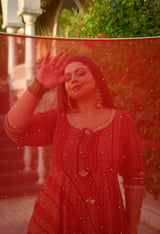 Regal Maroon Gold Printed Flared Rayon Anarkali Set