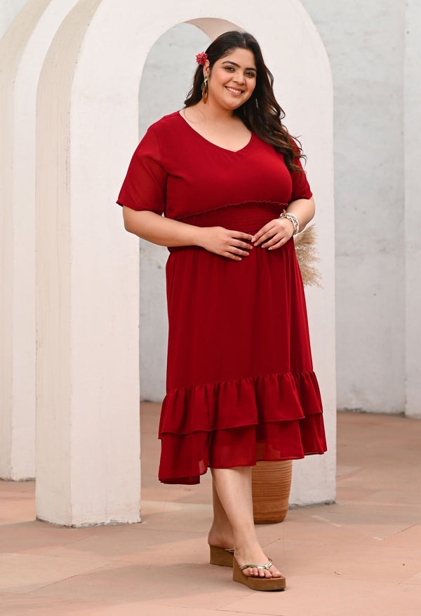 Plus Size Flattering Maroon Smocked Waist Midi Dress