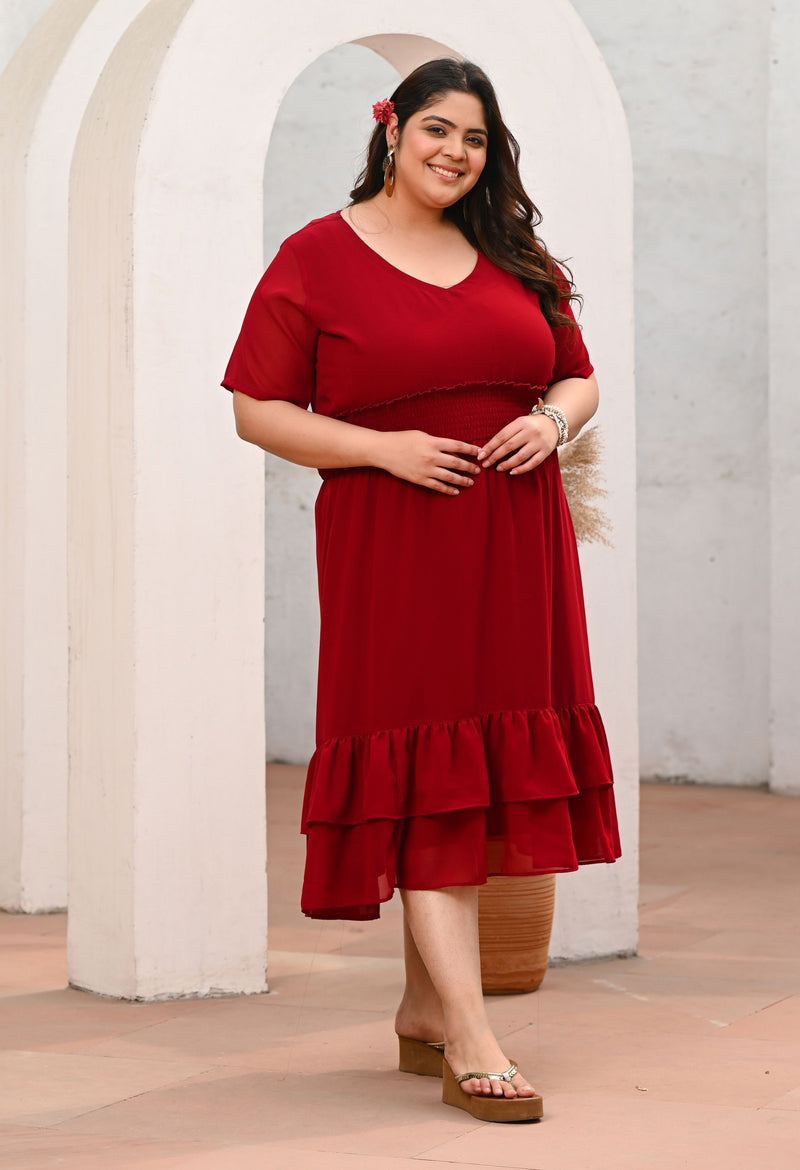 Plus Size Flattering Maroon Smocked Waist Midi Dress