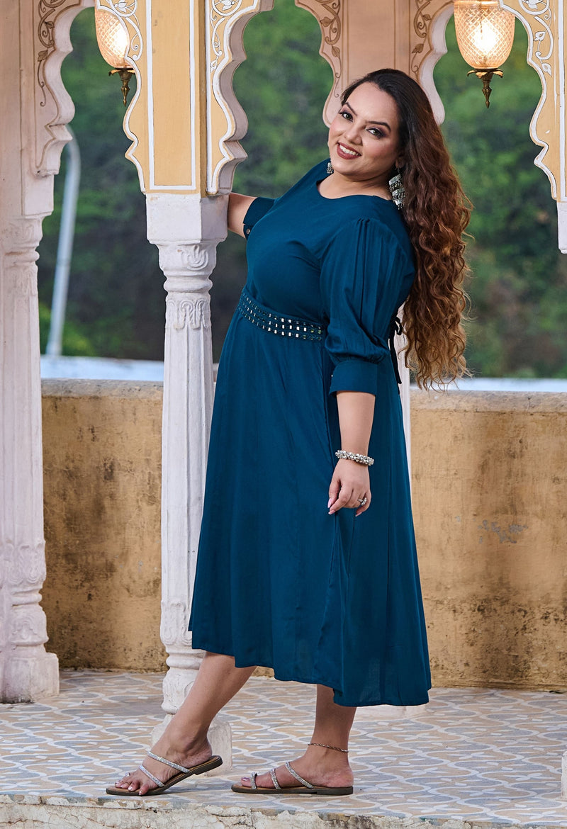 Plus Size Teal Blue Mirror Belt Rayon Dress DESINOOR.COM Plus Size Teal Blue Mirror Belt Rayon Dress DESINOOR.COM