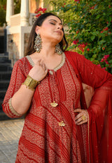 Regal Maroon Gold Printed Flared Rayon Anarkali Set