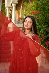 Regal Maroon Gold Printed Flared Rayon Anarkali Set