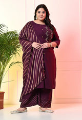 Plus Size Embellished Wine Ring Kurta Set with Dupatta