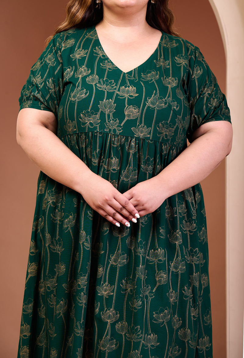 Plus Size Gold Printed Bottle Green Rayon Midi Dress