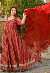 Regal Maroon Gold Printed Flared Rayon Anarkali Set