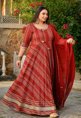 Regal Maroon Gold Printed Flared Rayon Anarkali Set