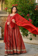Regal Maroon Gold Printed Flared Rayon Anarkali Set