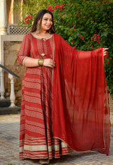 Regal Maroon Gold Printed Flared Rayon Anarkali Set