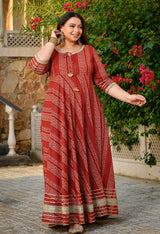 Regal Maroon Gold Printed Flared Rayon Anarkali Set