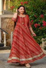 Regal Maroon Gold Printed Flared Rayon Anarkali Set
