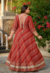 Regal Maroon Gold Printed Flared Rayon Anarkali Set