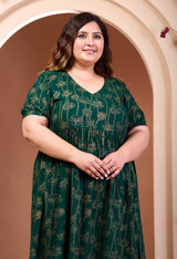 Plus Size Gold Printed Bottle Green Rayon Midi Dress