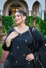 Zariya Black Mul Chanderi Embroidered 3-Piece Kurta Set with Dupatta