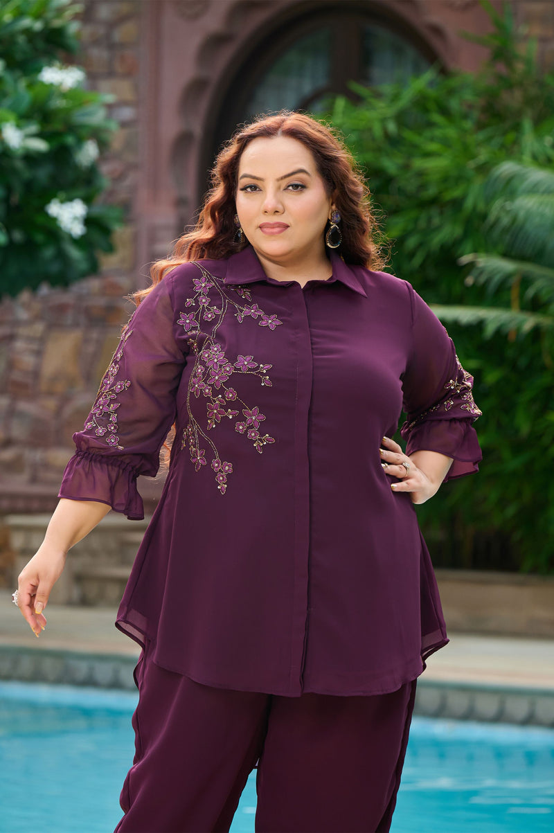 Plus Size Purple Embellished Georgette Co-ord Set