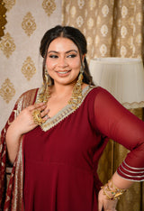 Gulnaaz Wine Maroon Georgette Anarkali Set with Jacquard Dupatta
